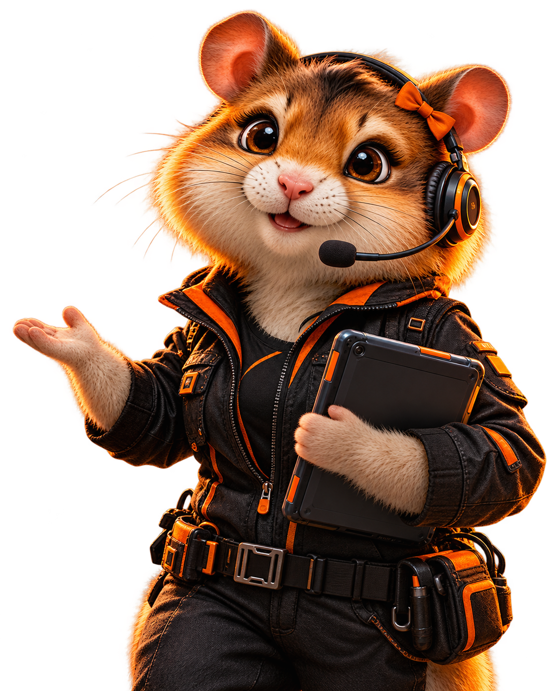 Friendly RackHamsters support mascot wearing a headset and holding a tablet